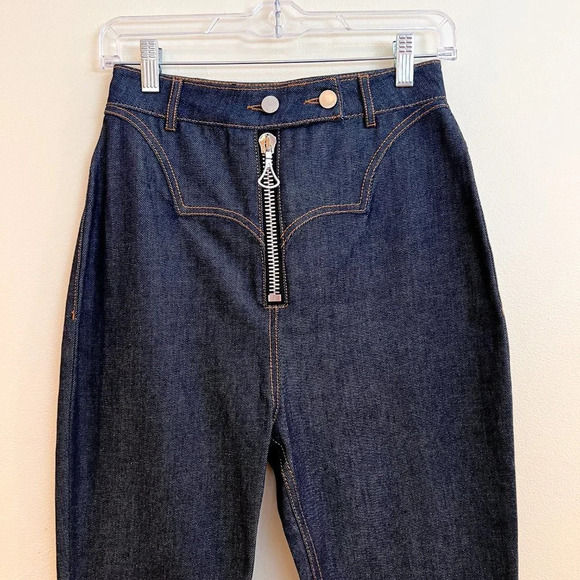 Ellery Dark Wash Denim Contrast Stitch High Waist Boho Designer Flare Jeans 27 - Picture 4 of 12